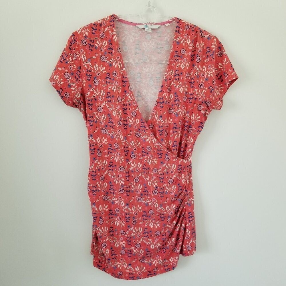 Boden Womens Sz 4 V-Neck Stretch Floral Jersey Faux Wrap Ruched Top Shirt Casual